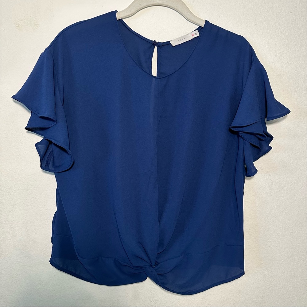 Lush Women’s Navy Blue Flutter Sleeves Twist Front Crop Blouse size XS